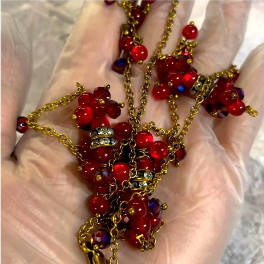 Coldwater Creek Vintage Antiqued‑Brass Red Glass Bead Station Necklace #351